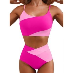 NWT Hot Pink Colorblock 2 Piece High Waisted Scoop Neck Bikini Set- Medium
